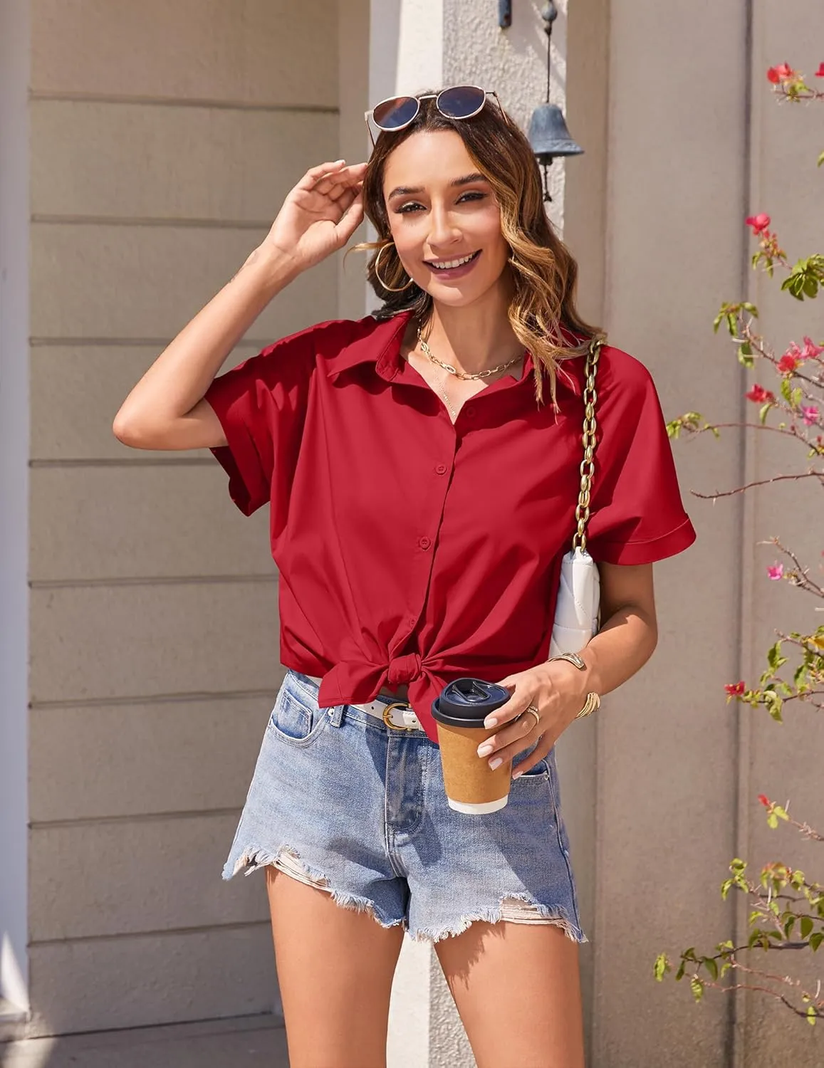 Zeagoo Women's Cotton Button Down Shirts Short Sleeve Casual Shirts