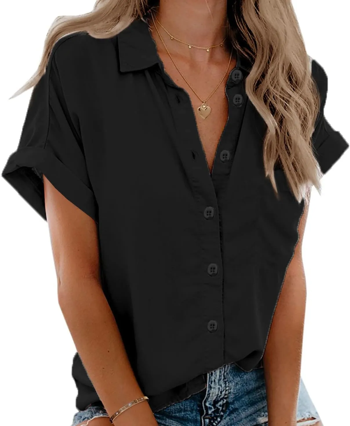 Zeagoo Women's Cotton Button Down Shirts Short Sleeve Casual Shirts