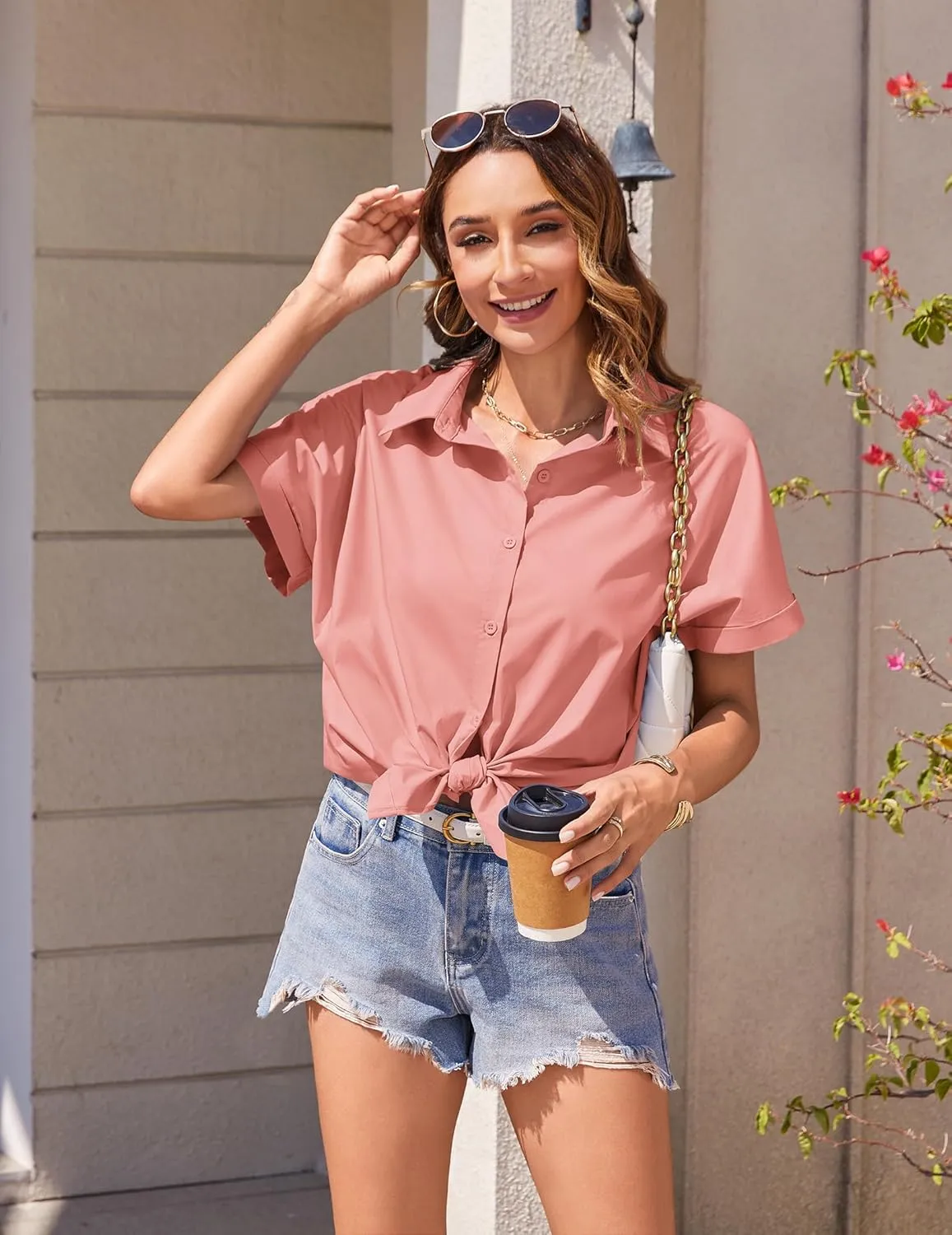 Zeagoo Women's Cotton Button Down Shirts Short Sleeve Casual Shirts