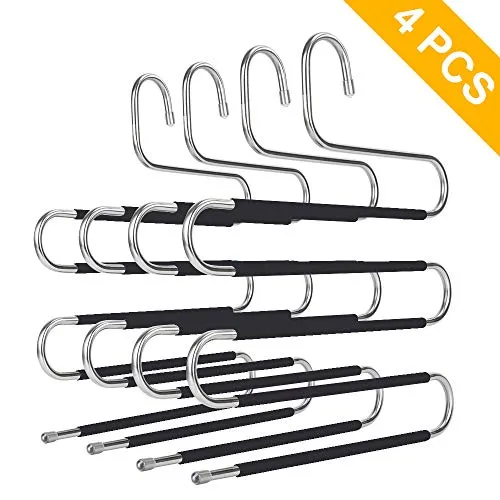 ziidoo New S-Type Pants Hangers Stainless Steel Closet Hangers Upgrade Non-Slip Design Hangers Closet Space Saver for Jeans Trousers Scarf Tie?4 Piece?